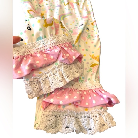 Unicorn rainbow polkadot ruffle short sleeve jumpsuit birthday outfit size 2T - Picture 4 of 6